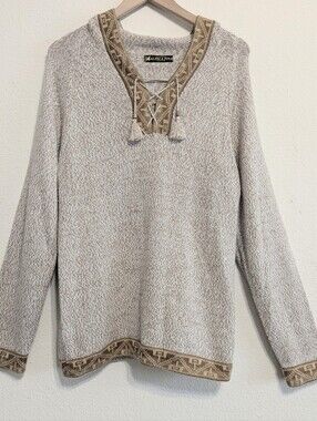 Alpaca Fina Sweater Womens Medium Tan Aztec Tejido Parillo Pullover Hooded Peru